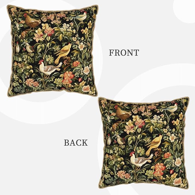Vintage Birds Floral Velvet Pillow Cover 18x18 Inch Green Leaf Red Flowers Throw Pillows for Couch Farmhouse Cushion Covers Chicken Pillowcase Black Chinoiserie Pillow Case for Sofa Bed Outdoor Decor