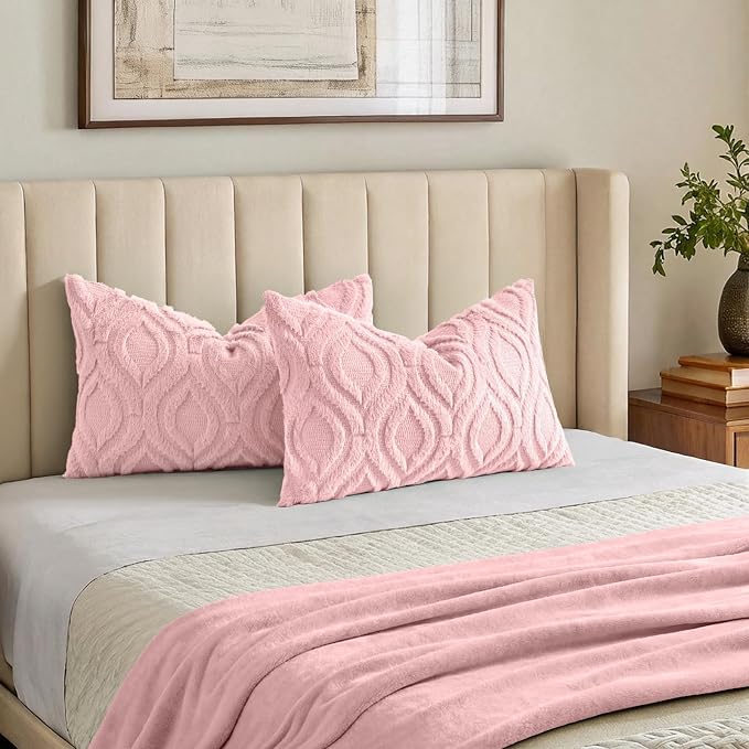 decorUhome Faux Fur Plush Soft Pink Throw Pillow Covers 12x20 Set of 2 | Plush Solid Fall Couch Pillow Covers, Accent Modern Farmhouse Neutral Decorative Square Pillow Cases for Sofa Bed Living Room
