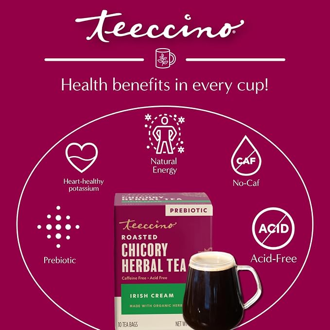 Teeccino Irish Cream Herbal Tea, Rich & Roasted Herbal Tea That’s Caffeine Free & Prebiotic for Natural Energy, 10 Tea Bags