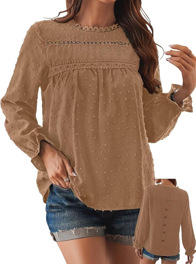 Womens Boho Tops Long Sleeve Shirts For Women Cute Crewneck Blouse Dressy Casual Swiss Dot Crochet Hollow Top 2026