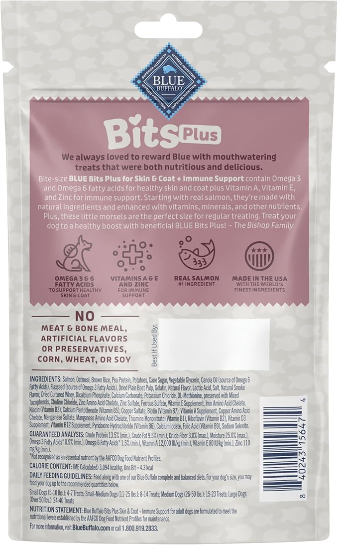 Blue Buffalo Bits Plus Salmon Dog Treats, 3.5 oz | Skin & Coat Health, Omega 3 & 6 Fatty Acids, Vitamin A, E & Zinc for Immune Support