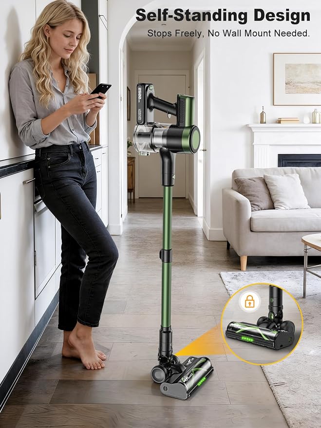 Cordless Vacuum Cleaner, 58KPa/60Mins 10 in 1 Self-Standing Stick Vacuum | 29-inch Hose and LED Lighting Brush, Anti-Tangle Brush &3 Suction Modes, Quiet Vacuum Cleaner for Home, Pet Hair/Carpet/Floor
