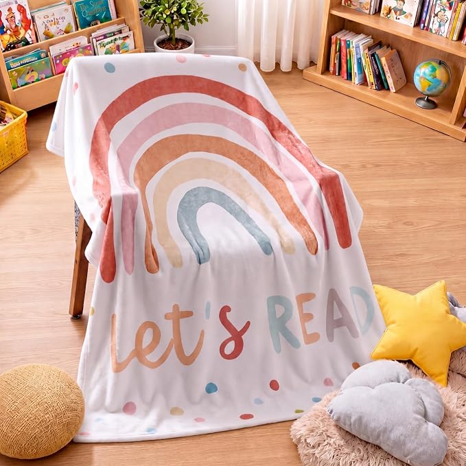 Back to School 50'' x 60'' Rainbow Read Throw Blanket Classroom | Reading Corner Decor Blanket Boho Let's Read Decor for School Reading Corner Supplies Playroom Bedroom Library