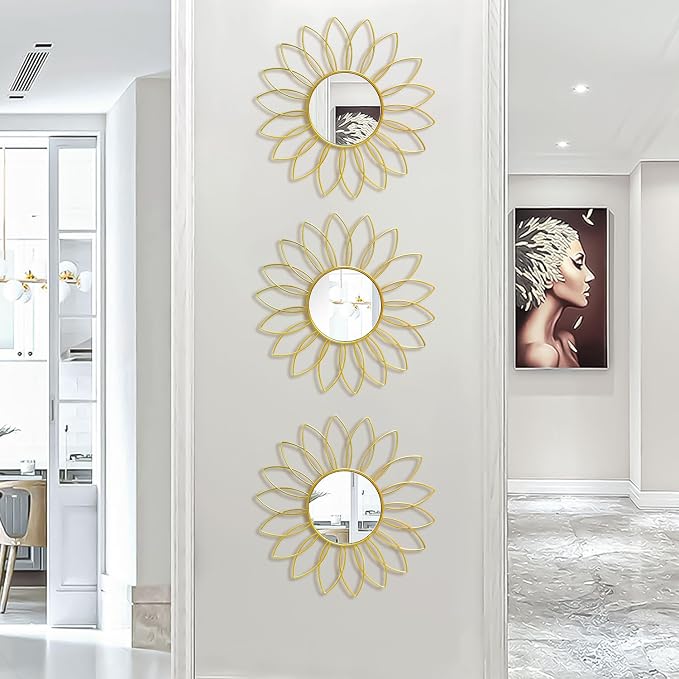 3 Pack Metal Mirrors for Wall Sunburst Wall Mirrors Home Décor Decorative Hanging Wall Art for Living Room Bedroom Entryway (Gold2, Flowers)