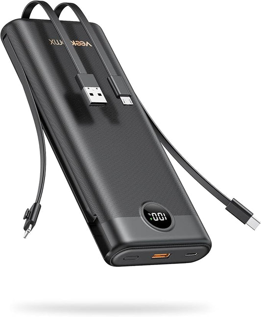 Power Bank 30000mAh, VEEKTOMX 22.5W Fast Charging Portable Charger built in cables, USB C Battery Pack, External Travel Battery Bank Compatible with iPhone, Samsung, Android Devices for Travel(1 Pack)