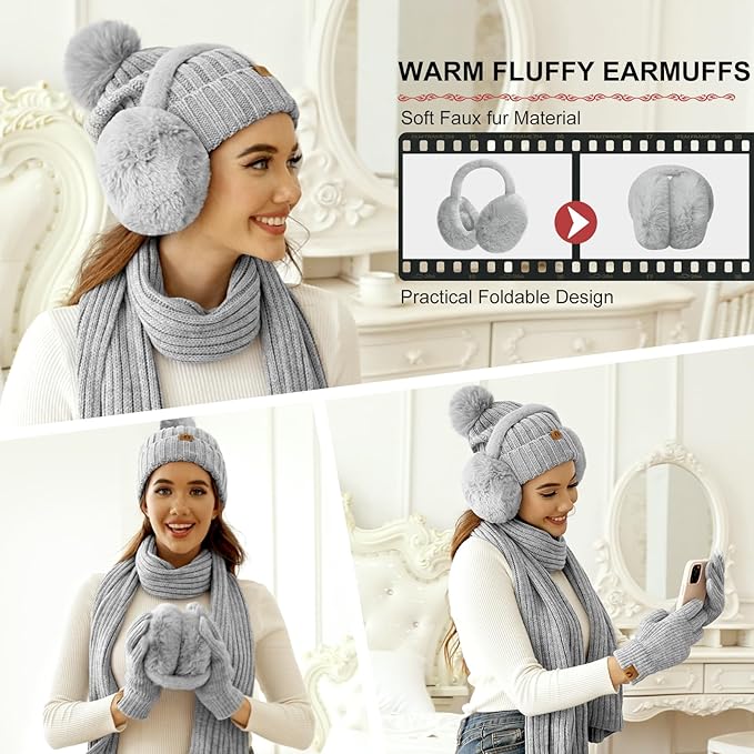 Yusongirl Winter Women Scarf Gloves Beanie Ear Muffs Socks Set Cold Weather Warm Knit Hat Fleece Long Neck Warmer 5 in 1 Set