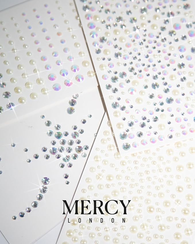 MERCY LONDON Face Gems in Pearl, 866 Self Adhesive Makeup Stickers, 4 Sheets, Reusable Eye Jewels, DIY, Mermaid, Icy, Ghost