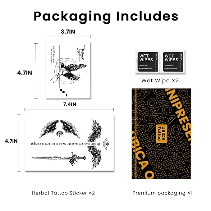 Semi Permanent Tattoos, 2 Sheets Large Realistic Crown Weight Quotes Wings & Hummingbird Temporary Tattoos for Men Back Chest Women Arms Calf, 2 Weeks Fake Tattoos, Waterproof and Non-Reflective