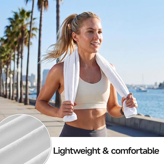 REDKISS 2 Pack Cotton Workout Towels, 43" x 16" Super Absorbent Soft Gym Towels for Men & Women, Large Sweat Sports Towel for Yoga Running Swimming Travel Camping - White