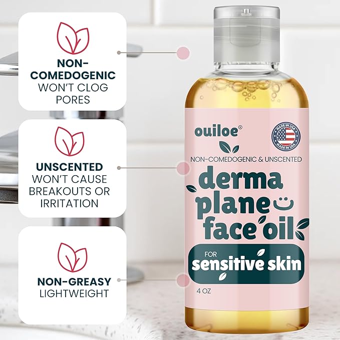 Non Comedogenic Dermaplane Oil for Sensitive Skin - Unscented Face Shaving Oil for Women - Safe for Acne Prone Skin - Non Irritating & Non Greasy Face Oil for Dermaplaning Tool & Razors, 4oz by Ouiloe