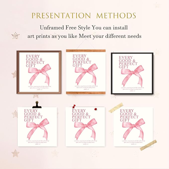 LARTSFRO Coquette Pink Bow Wall Art Decor Posters, Pink Bow Room Bedroom Bathroom Dorm Wall Art Decor Aesthetic for College Teen Girls Gifts, Inspirational Bible Verses Bow Wall Decor, 10x10 Inch Set of 4 Pcs Bow Pictures (UNFRAMED)