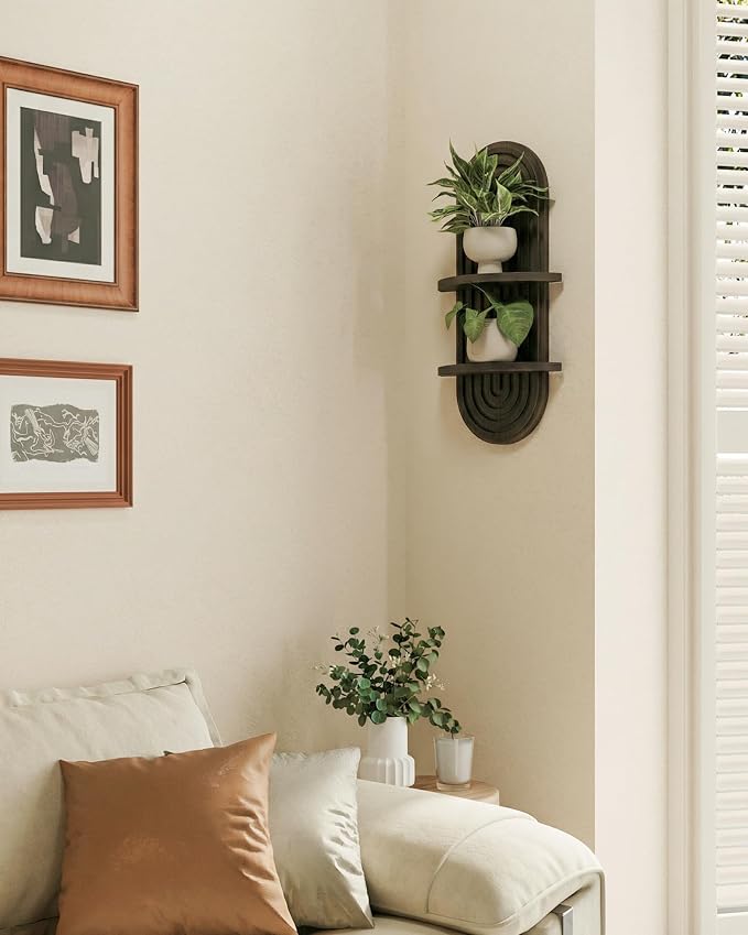Bamworld Boho Wall Decor Plant Wall Shelf Wood Plant Holder Walnut 2PCS | Mid Century Modern Decor Hanging Plant Shelf Wooden Floating Shelves for Home Bedroom Living Room Holding Planter Decoration