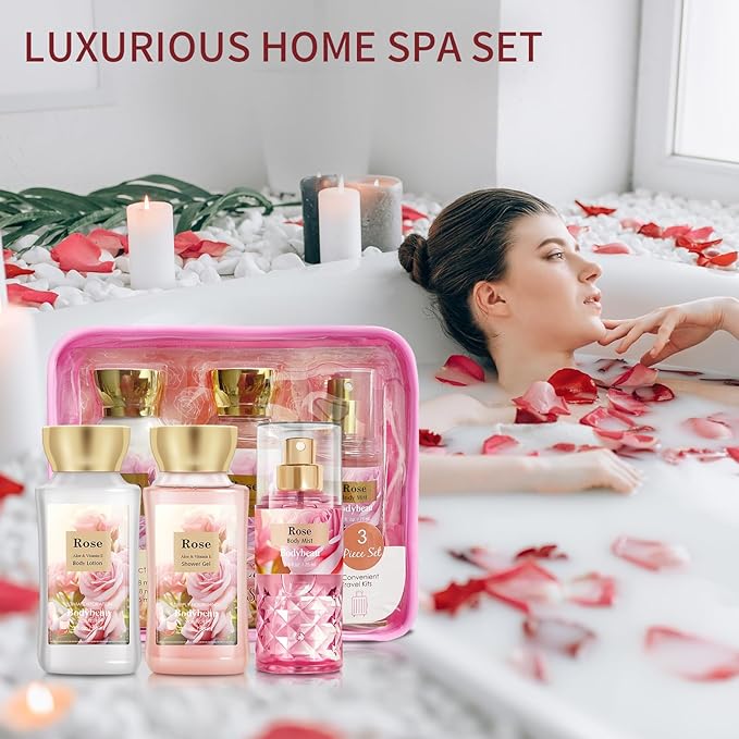 Mother's Day Rose Spa Gift Set - 3PCS Luxury Bath and Body Kit for Women with Shower Gel, Body Lotion & Body Mist - Portable Travel Size Self Care Gift for Mom, Wife, or Her