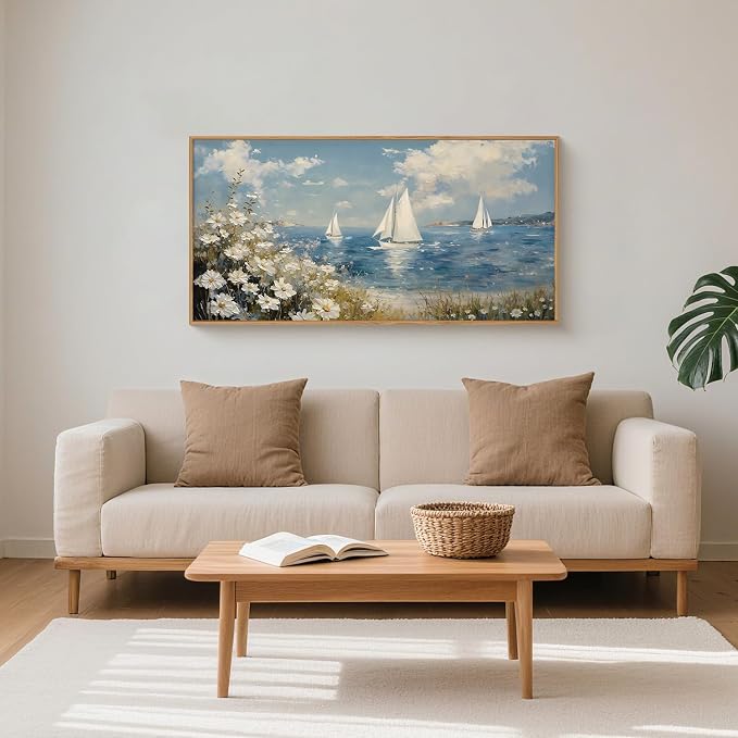 FWIEXA Coastal Wildflower Canvas Wall Art Framed, Ocean Sailboats Pictures Wall Decor, Beach Flower Seascape Painting, Blue Sky 20x40In Artwork for Living Room, Bedroom, Bathroom, Rustic Farmhouse