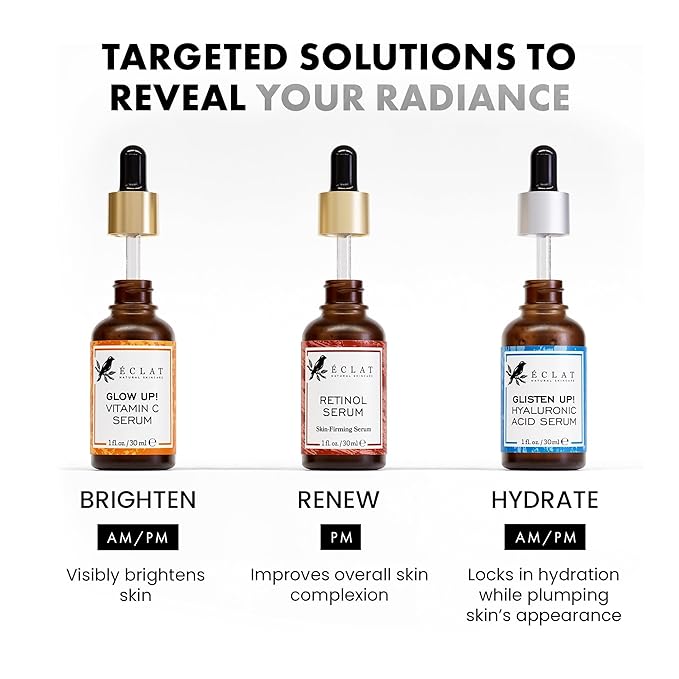 Eclat Skincare Face Serum Set – Vitamin C, Retinol, Hyaluronic Acid for Hydration & Anti-Aging – Brightening & Firming Facial Serums – 3 Pack Face Care Set