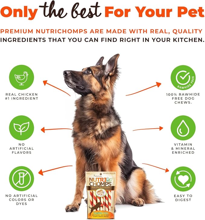 Nutri Chomps Rawhide Free Dog Chews, Real Chicken, 5in Twists, 10ct, 2pk | Long-lasting chew. High protein, low fat, healthy & delicious treat for dogs.