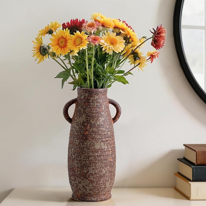 Ceramic Rustic Vase, 12.3 Inch Farmhouse Decorative Flower Vase for Home Decor, Rusty Vase for Living Room Bedroom Kitchen Office Decor Centerpiece Table Decorations