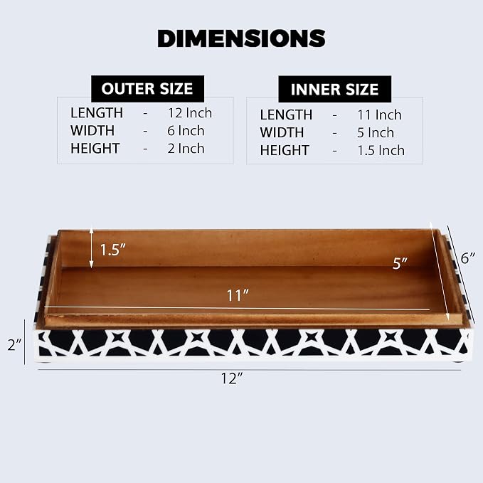 Handicrafts Home Large Decorative Storage Box with Lid, Black and White Moroccan Zellij Coffee Table Storage Box, Remote Control Holder, Keepsake Box for Living Room & Shelf Decor, Zellij 12 x 6 x 2