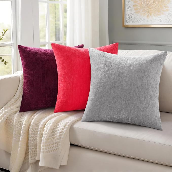 decorUhome Soft Chenille Grey Throw Pillow Covers 16X16 Set of 2 | Decorative Fall Couch Pillow Covers Solid Dyed Accent Modern Farmhouse Neutral Square Pillow Cases for Sofa