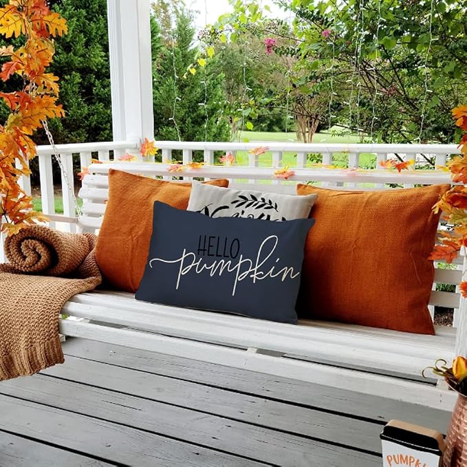 RABUSOFA Fall Pillow Covers 12x20 Inch Dark Blue Thanksgiving Autumn Hello Pumpkin Quote Lumbar Harvest Outdoor Cushion Cases Seasonal Fall Decorations for Home Couch