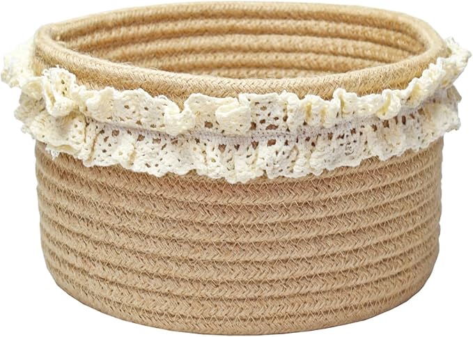 Yimi's Dream Basket for Gifts, Small Cute Decorative Jute Baskets for Baby | Cute Round Mini Basket for Easter, Birthdays, Baby Gifts, Wedding Favors, Shelves, Nursery, Home Decor( Brown, 8"x 8"x 5")
