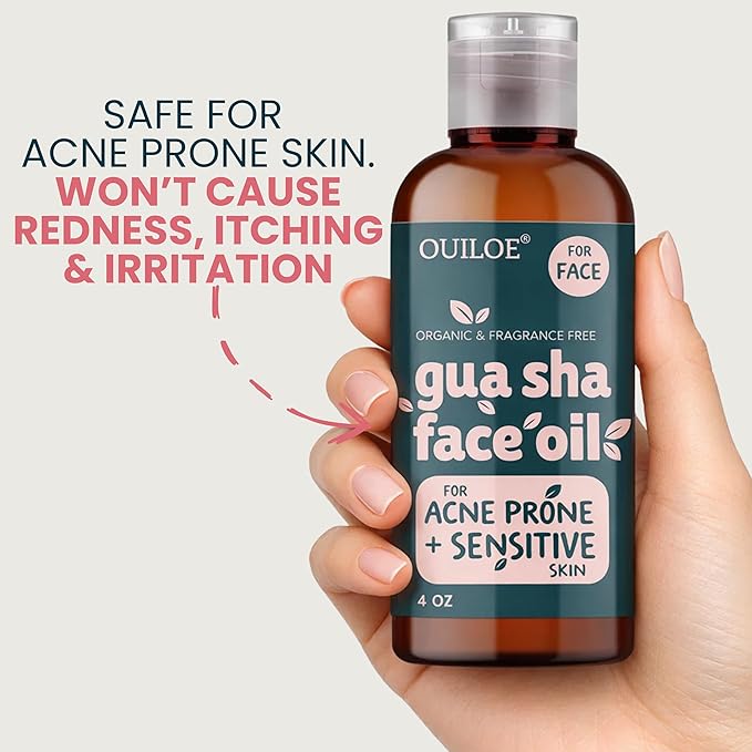 Non Greasy Gua Sha Oil for Acne Prone, Sensitive Skin - Non Comedogenic Face Oil for Guasha Massage - Lymphatic Drainage Oil for Face Contour - Fragrance Free, Natural, Lightweight, 4oz