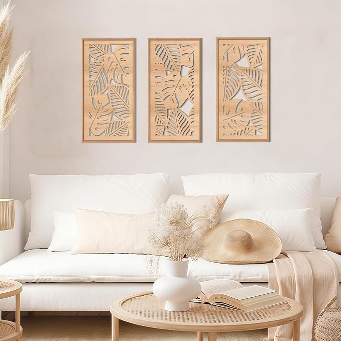 IARTTOP Tropical leaf Wood Wall Decor Framed Palm Monstera Leaves Wooden Wall Art Coastal Hawaii Art decor 7.87x15.75 Inch Set of 3 for Living room Bedroom Office