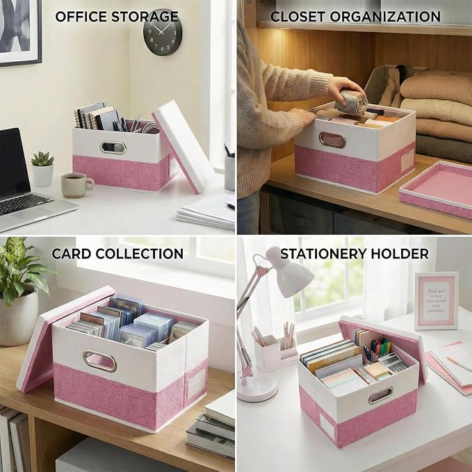 Storage Bins with Lids [3-Pack] Linen Fabric Foldable Storage Boxes Organizer Containers Baskets Cube with Cover for Bedroom Closet Office Pink&White（11.4X8.6X6.7