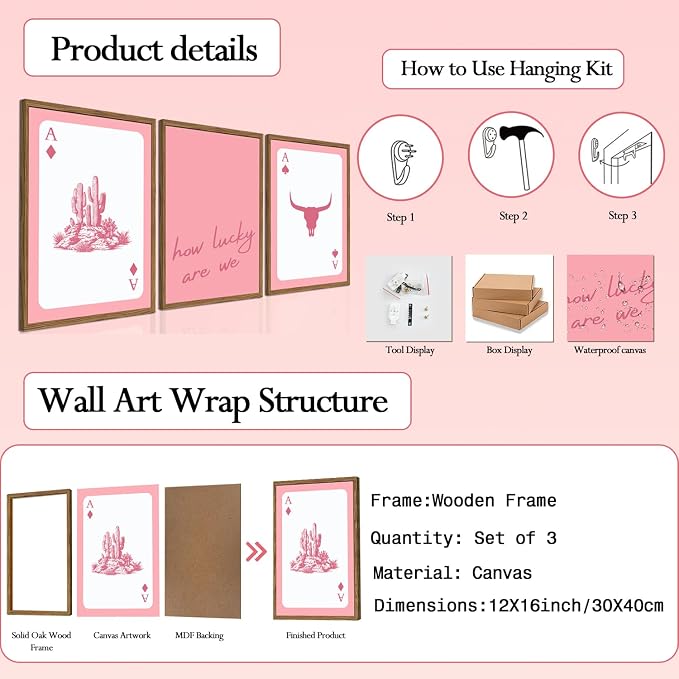 Pink Western Wall Art, How Lucky are We Wall Decor Picture Southwestern Cowgirl Playing Card Poster Canvas Print Bull Skull Painting Artwork for Bedroom Living Room 12x16 inch Wood Framed