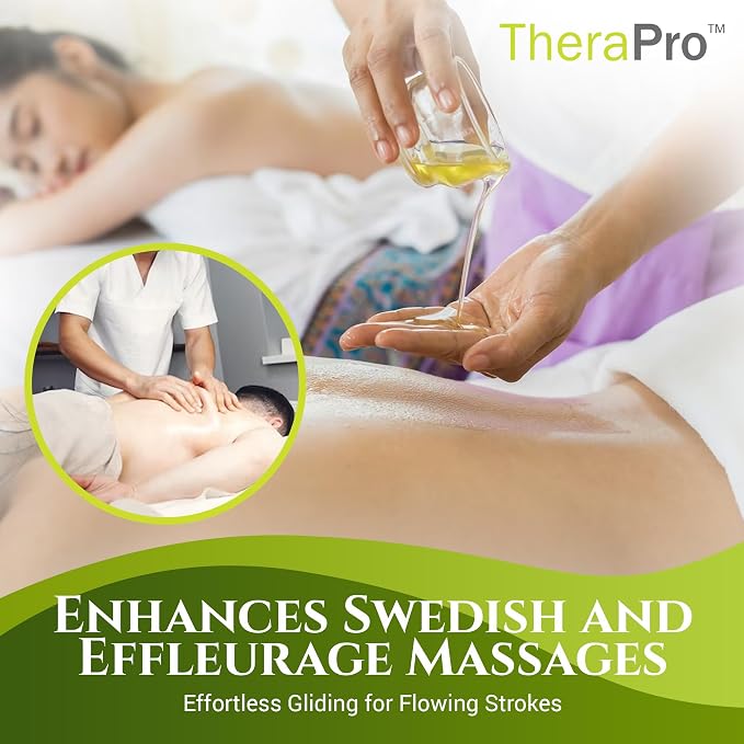 Swedish Effleurage Massage Oil by TheraPro - 8 Ounce - All Natural Unscented Massage Oil for Massage Therapy - Grapeseed Oil, Almond Oil, Jojoba, Vitamin E - Water Soluble