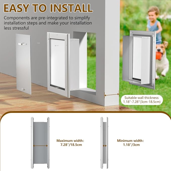 Ownpets Aluminum Large Dog Door for Wall and Door, Double Flap Energy Efficient, Telescoping Tunnel and Lock Panel, Heavy Duty Doggy Door for Dogs Up to 100lbs | Inner 11.4* 17.7 For Dog ≤100lbs, Telescoping Tunnel, Double Flap Insulation Energy Effici...