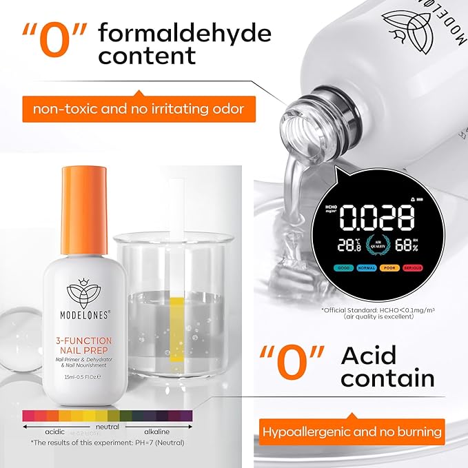 modelones Nail Dehydrator and Primer Base Coat, 3-in-One HEMA-Free Nourishing Prep for Acrylic & Gel Nails, Supports Growth
