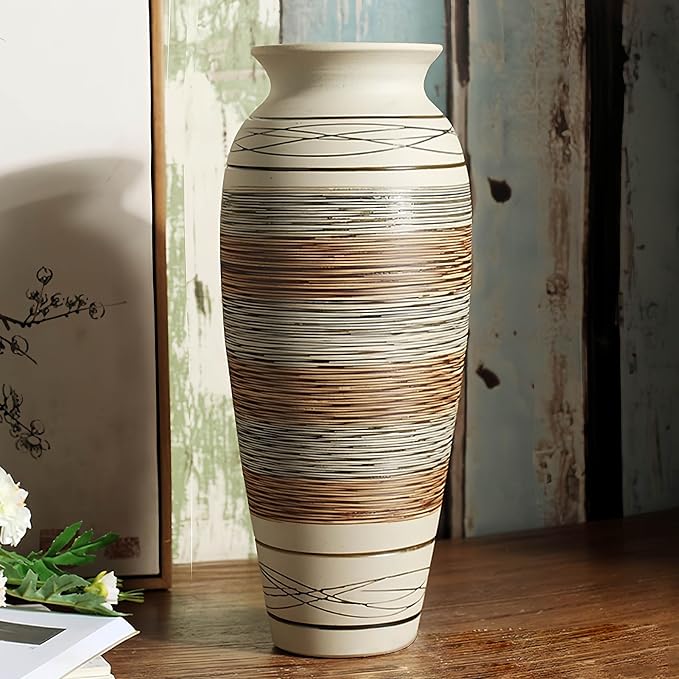 12.6" Tall Vintage Ceramic Rustic Farmhouse Vase (Half Stripe Brown) | Large Boho Textured Flower Vases for Home Decor, Living Room, Table, Mantel, Shelf