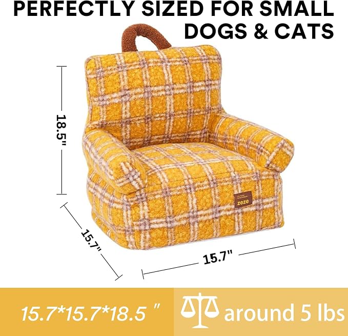 ZEZE Vintage Furniture Style Sofa Pet Bed - Washable Plush Dog & Cat Couch, Retro Style Pet Furniture, Soft Cozy Support for Pets (Small, Plaid)