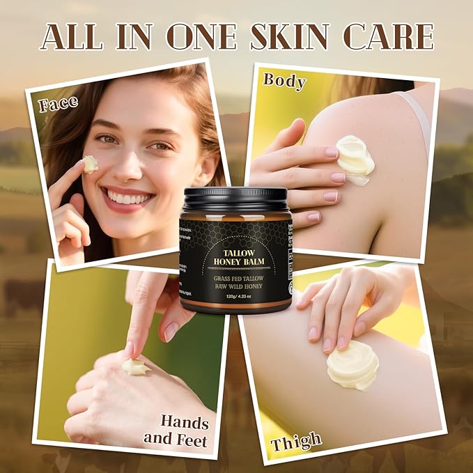 MEIDU Beef Tallow for Skin,Tallow and Honey Balm,Organic Grass-Fed Beef Tallow Balm with Raw Wild Honey, Face and Body Moisturizer (120g)
