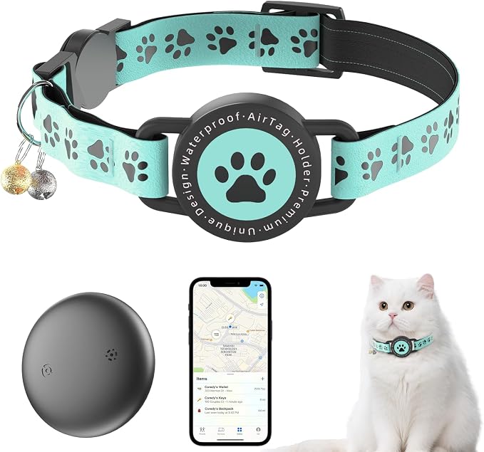 GPS Cat Tracker Collar (iOS & Android), No Monthly Fee GPS Dog Tracker Blue | Mini Bluetooth Smart Anti-Lost Pet Finder Tag Works with Apple Find My & Google Find Hub