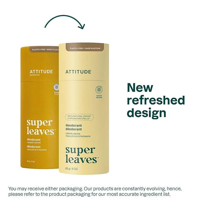 ATTITUDE Plastic-Free Deodorant, EWG Verified, Aluminum Free, Vegan Naturally Sourced Body Deodorants for Women & Men, Dermatologically Tested, Lemon Leaves, 3 Ounces
