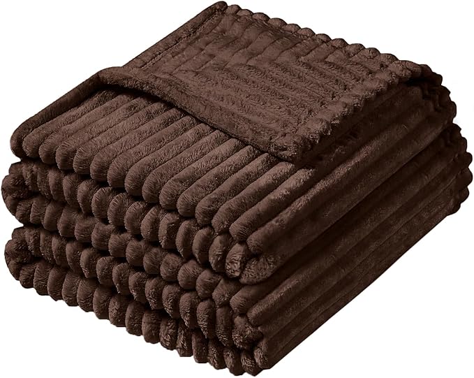 Vessia Flannel Fleece Twin Size Blanket, 300GSM Cozy Brown Stripe Bed Blanket for Couch, Sofa and Bed, Warm and Soft Chocolate Microfiber Ribbed Home Decor for All Season