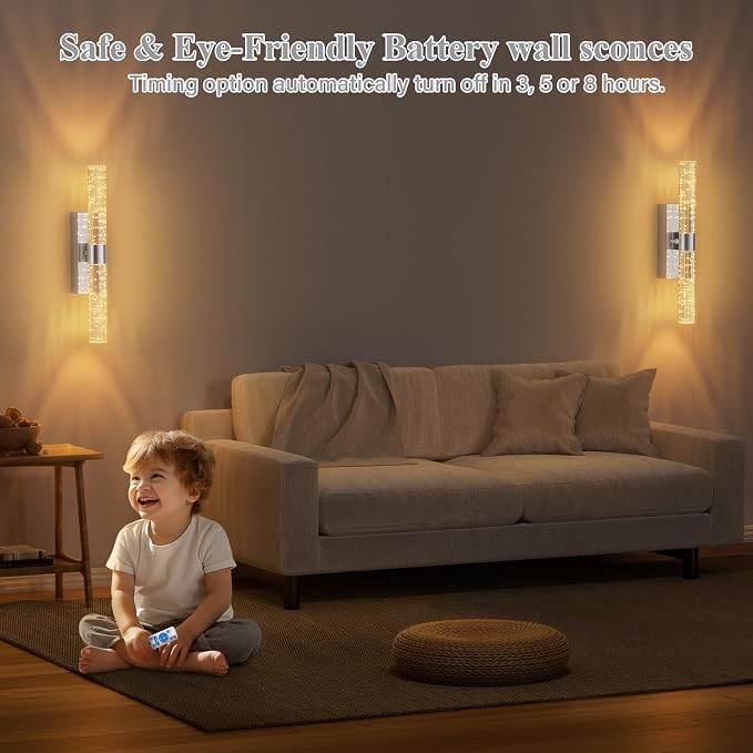 camuucci Battery Operated Wall Sconces Set of 2, Rechargeable Wall Lights | 12000mAh Long-Lasting Battery,Dimmable Cordless Sconce,No Wiring Needed for Bedroom,Living Room,Silver,15.3-Inch