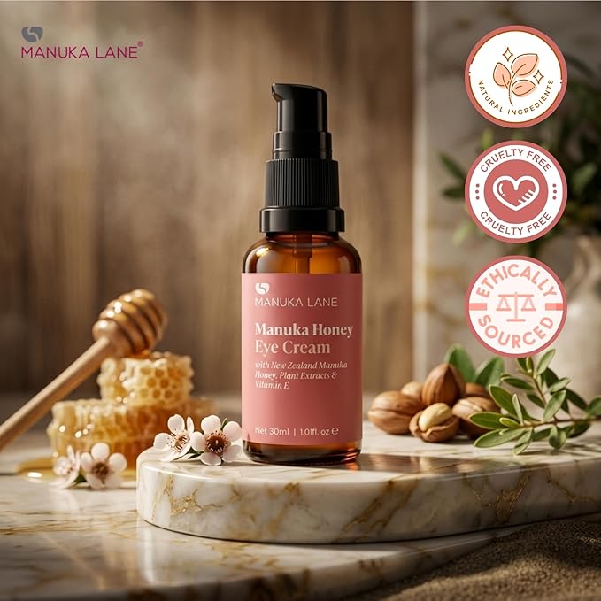 Manuka Lane Natural Eye Cream Moisturizer with Manuka Honey, Eyebright, Vitamin E, and Lanolin – Nature’s Most Powerful Defense Against Dark Circles Under-Eye Bags, Dark Circles and Puffiness