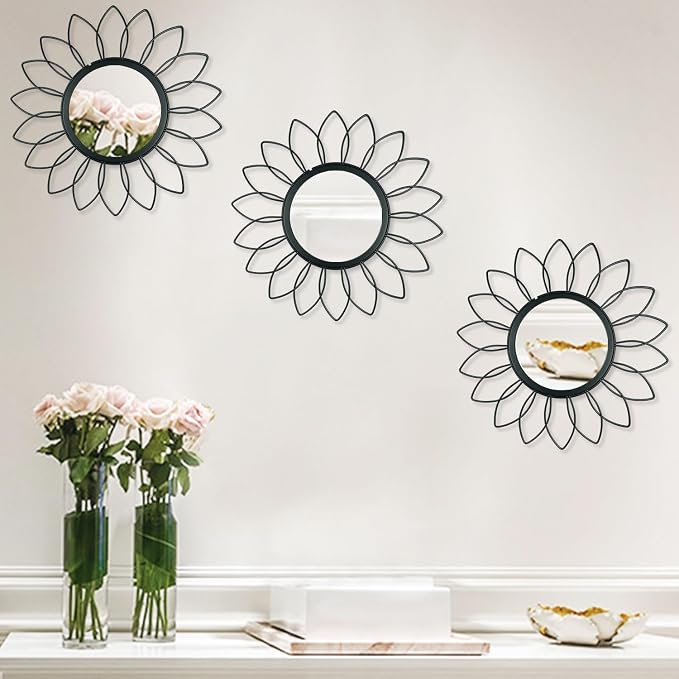 3 Pack Metal Mirrors for Wall Sunburst Wall Mirrors Home Décor Decorative Hanging Wall Art for Living Room Bedroom Entryway (Black, Flowers)