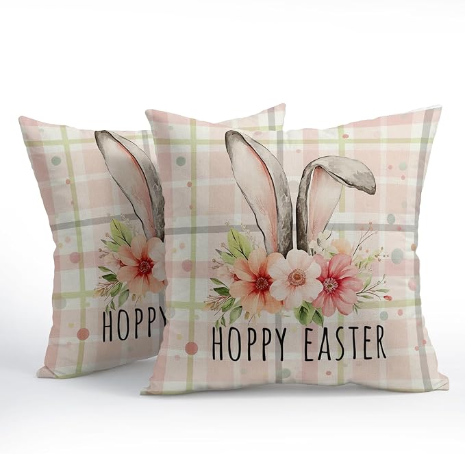 Easter Bunny Floral Pillow Covers 24X24 Inch Spring Pink Buffalo Plaid Decorative Pillow Cases Rabbit Flower Throw Pillows Set of 2 Seasonal Modern Farmhouse Home Decor for Sofa Couch Outdoor