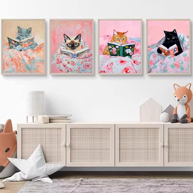 Cute Cat Reading Poster Set of 6 Funny Black Cat Book Lover Canvas Wall Art, Whimsical Animal Wall Decor Painting Prints Aesthetic for Nursery Kids Boby Room Bedroom Unframed 8x10 inch