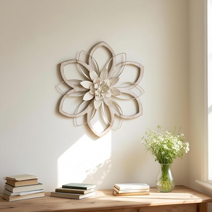 Remenna Metal & Wood Flowers Wall Decor, Rustic Wall Art Decoration Farmhouse Wall Decorations Multiple Floral Hanging Decor for Bathroom Living Room Home Office Garden Kitchen White 12inch