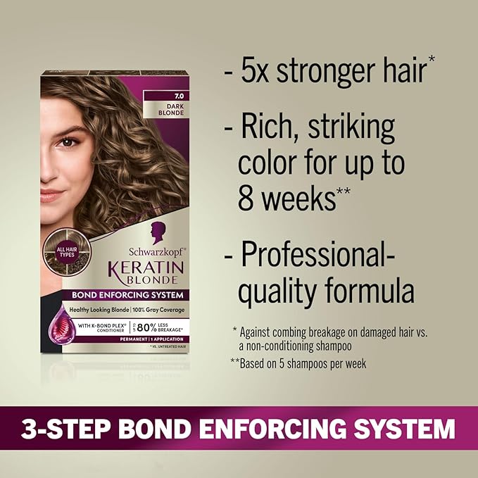 Schwarzkopf Keratin Blonde Hair Dye, 7.0 Dark Blonde, Professional Quality Permanent Hair Color, Bond Enforcing System Helps Prevent Breakage*