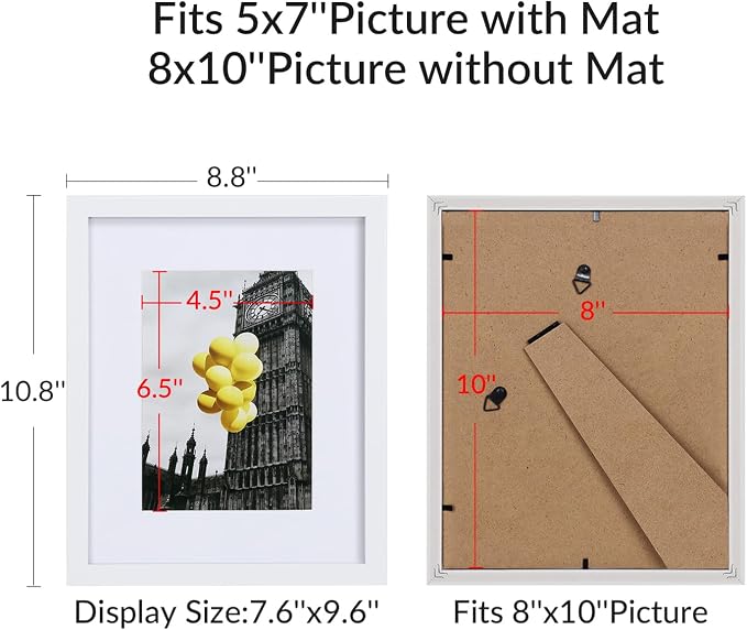 8x10 Picture Frame Set of 9, Display Pictures 5x7 with Mat or 8x10 without Mat, Multi Collage Gallery Square Photo Frames for Wall or Tabletop, White