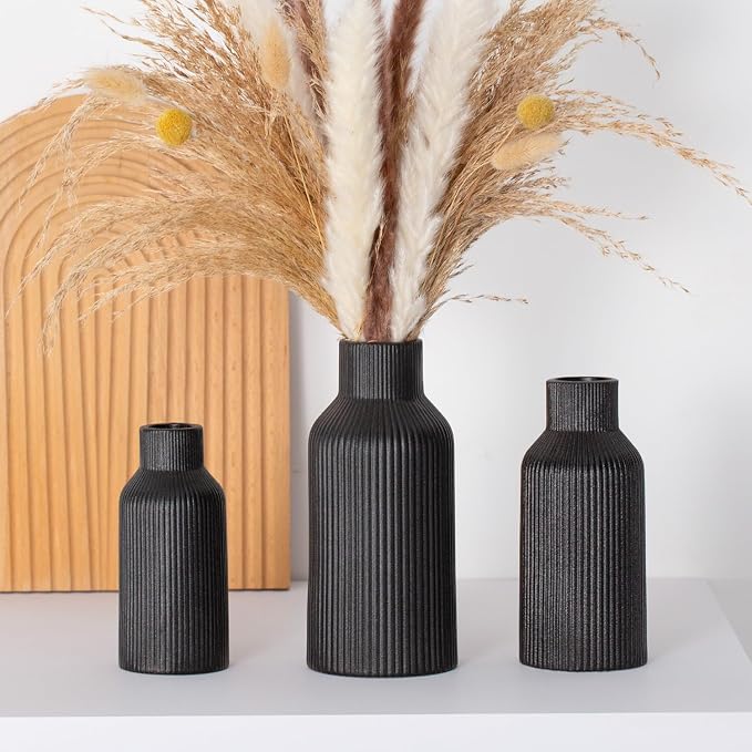 Bohemian Black Ceramic Vase - for Pampas Grass, Mantel, Bookshelf, Entryway and Living Room Decor (Black, Set of 3)