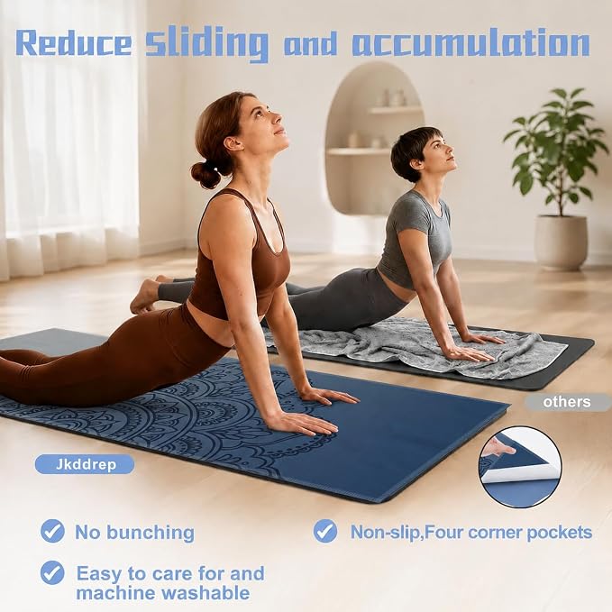 Yoga Mat Towel, Hot Yoga Non Slip with 4 Corner Pockets, 70 x 26 in | Soft Absorbent Microfiber With Four Corner Pockets, Fits Over Yoga Mats For Hot Yoga, Pilates, Gym, And Travel
