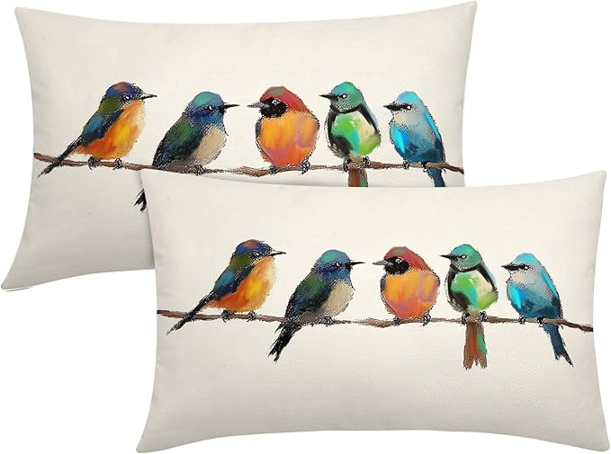 Oil Painting Bird Lumbar Lumbar Pillow Covers 12x20 Inch Set of 2 Rustic Spring Summer Cute Bird Throw Pillow Cases Outdoor Linen Square Cushion Cover Farmhouse Decor for Bedroom Home Sofa Couch Bed