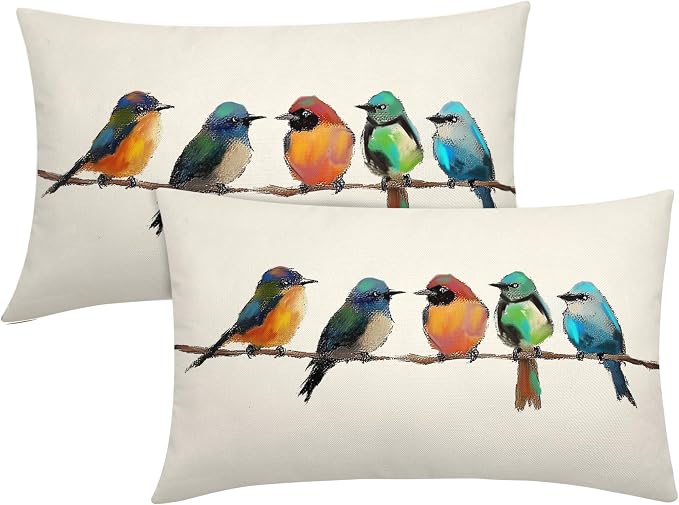 Oil Painting Bird Lumbar Lumbar Pillow Covers 12x20 Inch Set of 2 Rustic Spring Summer Cute Bird Throw Pillow Cases Outdoor Linen Square Cushion Cover Farmhouse Decor for Bedroom Home Sofa Couch Bed